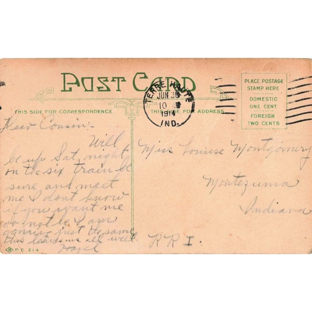 Vintage 1914 Sentimental Ivy Postcard Terre Haute Indiana Postmark VG-